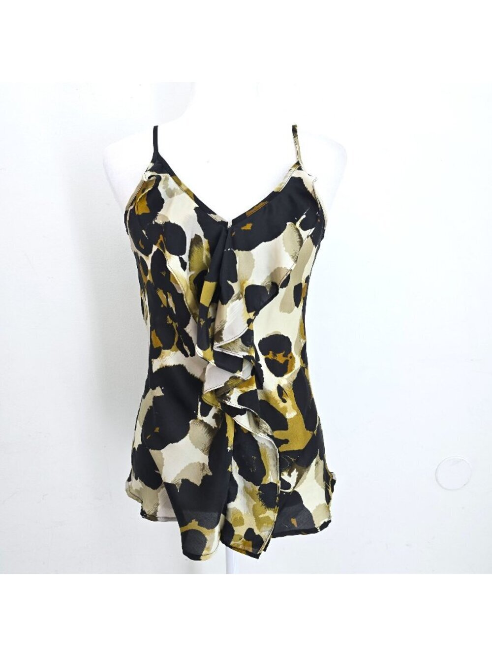 cAbi Black Tan Ruffle Animal Print Satin V Neck Cami Top Women Size Small